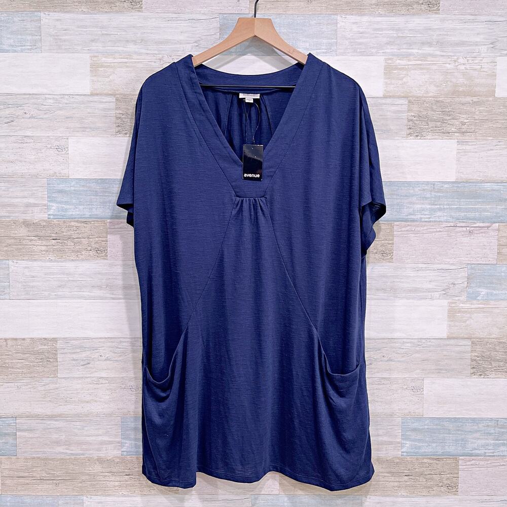 Avenue V Neck Tunic Top Navy Blue Pockets Jersey Knit Casual Womens Plus Size 20